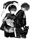  2boys amamiya_ren animalization asymmetrical_sidelocks back-to-back bag black_hair black_pants blunt_bangs book buttons commentary cropped_legs crossover curly_hair dated english_commentary floral_print floral_print_jacket gakuran glasses greyscale hair_between_eyes hand_in_pocket high_collar highres holding holding_book holding_strap jacket jouin_high_school_uniform laishamark92077 looking_at_another looking_to_the_side male_focus monochrome morgana_(cat)_(persona_5) morgana_(persona_5) multiple_boys open_book pants person_and_animalization persona persona_5 plaid_clothes plaid_pants print_jacket protagonist_(smtv) protagonist_(student)_(smtv) school_bag school_uniform shin_megami_tensei shin_megami_tensei_v shoulder_bag shuujin_academy_school_uniform sidelocks single_sidelock 