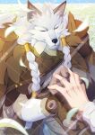  1boy afk_(series) afk_journey animal_ears braid cape chinese_commentary claws closed_eyes closed_mouth commentary_request commission faramor_(afk) fur-trimmed_cape fur_trim furry furry_male highres holding holding_jewelry holding_ring jewelry male_focus ponytail ring shirt tuji_han twin_braids white_shirt wolf_boy wolf_ears 
