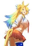  1girl absurdres american_flag american_flag_legwear american_flag_print animal_ears arms_behind_back blonde_hair blue_eyes blue_hair blush breasts collared_shirt commentary_request flag_print highres horse_ears horse_girl horse_tail large_breasts long_hair looking_at_viewer midriff multicolored_hair necktie nimaru obey_your_master_(umamusume) open_mouth orange_skirt red_necktie shirt simple_background single_thighhigh skirt smile solo star-shaped_pupils star_(symbol) symbol-shaped_pupils tail thighhighs tied_shirt two-tone_hair umamusume umamusume:_cinderella_gray white_background white_shirt 