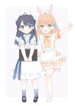  2girls aqua_eyes black_choker black_shoes blue_eyes blue_hair blue_ribbon blue_shrug choker clipboard commentary_request dress full_body grey_socks hair_ribbon hasu_no_sora_yumekawa_fashion hat heart heart_o-ring heart_ring_choker highres hinoshita_kaho holding holding_clipboard houndstooth looking_at_viewer love_live! love_live!_hasu_no_sora_jogakuin_school_idol_club mary_janes medium_dress medium_hair multiple_girls murano_sayaka nurse_cap o-ring o-ring_choker orange_dress ribbon shoes short_dress shrug_(clothing) simple_background socks umi_(nana_spring) virtual_youtuber white_background white_dress white_hat white_shoes 