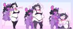 2025 anthro anthro_on_anthro anthro_to_inanimate balls big_breasts black_bra black_clothing black_hair black_underwear bra breasts button_(fastener) clothing collar cursed_collar duo female genitals gynomorph gynomorph/female hair hi_res inanimate_transformation intersex intersex/female kneeling lagomorph leash leporid mammal nipples pawberry penis pink_eyes purple_body rabbit seam_(sewing) short_stackification shortstack shrinking simple_background size_transformation smile standing surprised transformation underwear wide_hips