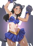  1girl animal_ears animal_hands armpits arms_up black_hair blue_skirt bow_(bhp) breasts brown_eyes cat_ears cat_paws fake_animal_ears gloves hair_ornament hairclip hands_up ijiranaide_nagatoro-san long_hair looking_at_viewer medium_breasts midriff nagatoro_hayase navel one-piece_tan paw_gloves skirt smile solo tan tanlines 