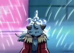 ambiguous_gender angry anthro artist_name black_body black_ears black_fur blue_background blue_body blue_fur blue_hair chest_tuft city city_background clothing coat dewott fluffy fur generation_5_pokemon hair harsh_lighting head_tuft hidden_eyes looking_down nintendo nonbinary_(lore) pink_background pink_nose pokemon pokemon_(species) pokemorph ponytail psykwol red_clothing red_coat red_topwear signature simple_background solo sparks sprig_dynamo_(psykwol) tan_clothing text topwear tuft water whiskers white_whiskers
