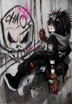  1boy black_gloves black_hair black_jumpsuit black_shoes bottle bracelet brown_gloves bucket bucket_of_water face_piercing gloves goggles goggles_on_head grin highres hood hood_down jewelry jumpsuit lip_piercing male_focus multicolored_hair nu_punxxxz orange_eyes original paintbrush piercing print_jumpsuit purple_hair rope shoes short_hair short_sleeves skull_and_crossbones smile sneakers solo spiked_hair spray_bottle spray_paint streaked_hair two-tone_hair wristband 