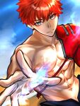  1boy abs commentary_request emiya_shirou fate/grand_order fate_(series) highres iamainwork magic male_focus messy_hair orange_hair red_hair senji_muramasa_(fate) single_bare_shoulder solo toned toned_male 