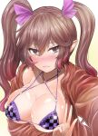  1girl arm_under_breasts bangs bikini bikini_top blush breasts brown_eyes brown_hair brown_jacket checkered checkered_bikini cleavage collarbone commentary eyebrows_visible_through_hair gradient gradient_background gradient_hair hair_between_eyes hair_ribbon himekaidou_hatate jacket large_breasts long_hair looking_at_viewer multicolored_hair open_clothes open_jacket pink_hair pointy_ears purple_ribbon redrawn ribbon selfie simple_background solo string_bikini swimsuit touhou twintails upper_body w y2 yellow_background 