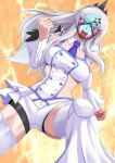  1girl bike_shorts blue_necktie clenched_hands commentary_request detached_collar detached_sleeves eri_(pokemon) facepaint grey_eyes grey_hair hand_up highres kikyouta long_hair necktie open_mouth pokemon pokemon_scarlet_and_violet solo spread_legs teeth thighhighs upper_teeth_only white_thighhighs yellow_background 