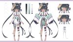 1girl absurdres acti_matatabi animal_ears apron asymmetrical_legwear bandaged_leg bandaged_tail bandages bandaid bandaid_on_leg barefoot bow cat_ears cat_girl cat_tail colored_tongue dark-skinned_female dark_skin detached_sleeves dress eyepatch flat_chest glasses green_dress green_hair green_tail green_tongue guinea_pig hair_bow hair_ornament hairclip highres hime_cut ixopod jiangshi jiangshi_costume long_hair maid_apron maid_headdress multicolored_eyes multicolored_hair multiple_hair_bows multiple_hairclips multiple_tails nekomata ofuda outstretched_arms paw_print purple_bow purple_eyes purple_skirt reference_sheet ricorie_productions skirt solo tail torn_clothes torn_sleeves twintails two-tone_eyes two-tone_hair two_tails virtual_youtuber yellow_bow yellow_eyes zombie zombie_pose 