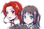  2girls :d aqua_eyes asagi501 brown_hair commentary_request floating_hair forehead from_side grey_jacket jacket lace-trimmed_thighhighs lace_trim light_blush long_hair looking_at_viewer medium_hair multiple_girls one_side_up open_mouth parted_lips portrait red_hair redesign ronye_arabel school_uniform sidelocks simple_background sketch smile sword_art_online sword_art_online:_alicization sword_mastery_academy_school_uniform thighhighs tiese_schtrinen white_background wing_collar 