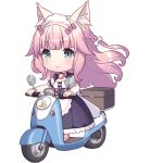  1girl animal_ear_fluff animal_ears animated animated_gif apron black_bow black_dress blush bow bowtie box buttons cat_ears cat_girl dress driving fraise_(nekopara) green_eyes hair_bow heart_button long_hair looking_ahead maid maid_apron maid_headdress moped motor_vehicle nekopara nekopara_sekai_connect pale_skin pink_bow pink_bowtie pink_hair pink_shoes riding sayori_(neko_works) shoes smile transparent_background white_apron white_bow wrist_cuffs 