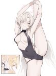  2girls absurdres armpits black_one-piece_swimsuit blue_archive breasts closed_eyes commentary_request covered_navel flexible fox_girl halo highres holding_own_leg leg_lift leg_up missing_wings multiple_girls nagisa_(blue_archive) nagisa_(swimsuit)_(blue_archive) official_alternate_costume one-piece_swimsuit ponytail reference_inset revision ryaa seia_(blue_archive) seia_(swimsuit)_(blue_archive) smile solo_focus split standing standing_on_one_leg standing_split swimsuit visor_cap white_background white_one-piece_swimsuit wings 