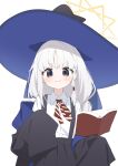  1girl :> absurdres black_dress black_hat black_jacket blue_archive blue_eyes blue_hat blush book collared_shirt commentary_request cowboy_shot dress eri_(blue_archive) hat highres holding holding_book honi_(honi1010) jacket long_hair looking_at_viewer open_book prototype_design shirt simple_background smug solo tareme v-shaped_eyebrows white_background white_shirt 