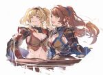  2girls armor beatrix_(granblue_fantasy) blonde_hair blue_armor blue_eyes bra braid braided_base breasts brown_eyes brown_hair cleavage gauntlets granblue_fantasy hair_intakes hairband hibana_(hibana_ztlv) highres long_hair multiple_girls open_mouth ponytail red_armor simple_background smile striped_bra striped_clothes twintails twintails_with_braided_base underwear vertical-striped_bra vertical-striped_clothes zeta_(granblue_fantasy) 