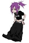  1girl baggy_pants belt black_pants black_shirt black_shoes cargo_pants collar crop_top ear_piercing earrings face_piercing hair_between_eyes hand_on_own_hip highres jewelry lip_piercing long_eyelashes midriff navel_piercing nu_punxxxz original pants piercing print_shirt purple_hair shirt shoes short_hair side_ponytail simple_background solo spiked_collar spikes studded_belt tongue tongue_out v-shaped_eyebrows white_background wristband yellow_eyes 