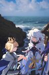 1boy 1girl absurdres ahoge armor armored_dress artoria_pendragon_(fate) black_shirt blonde_hair blue_cape blue_ribbon braid braided_base breastplate bun_with_braided_base cape chinese_commentary closed_mouth cloud commentary_request crown day dress eye_contact fate_(series) fur-trimmed_cape fur_trim gauntlets green_eyes hair_between_eyes hair_bun hair_ornament hair_ribbon highres holding holding_staff holding_sword holding_weapon hooded_robe long_hair long_sleeves looking_at_another luciaicefish mage_staff merlin_(fate) no_mouth outdoors photo_background purple_eyes ribbon robe rock saber_(fate) shirt single_hair_bun smile staff sweater_guard sword tassel turtleneck turtleneck_shirt water weapon white_hair white_robe wide_sleeves 