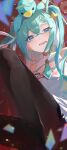  1girl absurdres aqua_eyes aqua_hair black_pantyhose blue_necktie blurry blurry_background commentary_request doll grey_vest hatsune_miku highres inubangarou long_hair necktie open_mouth pantyhose sitting solo twintails vest vocaloid 