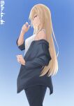  1girl absurdres alternate_costume artist_name atodashi bismarck_(kancolle) blonde_hair blue_background blue_eyes blue_jacket blue_pants breasts casual closed_mouth clothes_pull commentary_request feet_out_of_frame from_side hand_up highres jacket jacket_pull jewelry kantai_collection long_hair long_sleeves looking_at_viewer looking_to_the_side open_clothes open_jacket pants ring shirt simple_background solo standing strapless strapless_shirt twitter_username wedding_ring white_shirt 