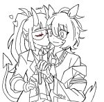  agnes_tachyon_(umamusume) animal_ears closed_eyes demon_girl demon_horns demon_tail embarrassed goggles heart helltaker horns horse_ears horse_girl horse_tail kiss kissing_cheek lab_coat loremaster_(helltaker) non-web_source tail umamusume 