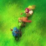  1girl 2boys blonde_hair blue_hat cape cousins dragon_quest dragon_quest_ii dress floating_hair goggles goggles_on_head grass green_pants green_tabard grey_pants hat highres holding holding_shield holding_staff long_hair multiple_boys nogo_(nogo_059) orange_cape outdoors pants prince_of_lorasia prince_of_samantoria princess_of_moonbrook shield staff tabard very_long_hair walking weapon white_dress 
