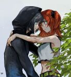  1boy 1girl arms_around_neck bare_shoulders belt black_jacket black_scrunchie black_trim blue_eyes choroi_amachori closed_mouth commentary_request crop_top dappled_sunlight eye_contact face-to-face fate/grand_order fate_(series) flower from_side fujimaru_ritsuka_(female) fujimaru_ritsuka_(female)_(summer_street) green_belt grey_hair hair_ornament hair_scrunchie hand_on_another's_back heads_together hetero highres hood hood_up hooded_jacket jacket leaf light_blush long_sleeves looking_at_another medium_hair midriff navel oberon_(fate) oberon_(moody_summer_oberon)_(fate) oberon_(third_ascension)_(fate) one_side_up orange_hair outdoors outstretched_arms scrunchie shirt short_hair sleeveless sleeveless_shirt smile sunlight sweatdrop white_flower white_shirt yellow_eyes 