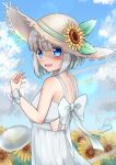  1girl artist_name bangs bare_shoulders blue_eyes blue_sky blush bow breasts brown_headwear cloud cloudy_sky dress eyebrows_visible_through_hair eyes_visible_through_hair flower from_behind ghost hair_between_eyes hand_up hat highres konpaku_youmu konpaku_youmu_(ghost) leaf medium_breasts open_mouth rital shadow short_hair signature silver_hair sky sleeveless smile solo sunflower touhou twitter_username white_bow white_dress wrist_cuffs yellow_flower 