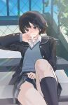  1girl absurdres amagami black_eyes black_hair black_jacket black_one-piece_swimsuit black_skirt black_socks clothes_lift day highres jacket kaameemon looking_at_viewer nanasaki_ai one-piece_swimsuit outdoors school_uniform shirt short_hair sitting skirt skirt_lift socks solo swimsuit swimsuit_under_clothes white_shirt 