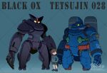  1boy artist_name black_hair black_jacket black_ox black_shorts brown_eyes character_name claws clenched_hands closed_mouth commentary_request copyright_name full_body glowing glowing_eyes holding horns jacket kaneda_shoutarou_(tetsujin_28-gou) lapels looking_at_viewer looking_to_the_side mecha necktie red_necktie redesign robot shirt shisui short_hair shorts socks standing steam tetsujin_28 tetsujin_28-gou thrusters watermark watermark_grid white_shirt white_socks yellow_eyes 