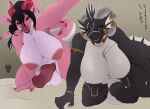 absurd_res animal_genitalia animal_penis anthro anura_malein areola balls big_breasts black_body breasts dragon duo ear_fins ear_piercing equine_genitalia equine_penis erection fin genitals gynomorph herm herm_(lore) hi_res horn horn_jewelry horn_ring hybrid_genitalia hybrid_penis intersex jewelry knot knotted_equine_penis knotted_penis linna_auriandi_(character) mythological_creature mythological_scalie mythology necklace nipple_piercing nipples non-mammal_breasts non-mammal_nipples penis piercing pink_body ring_(jewelry) scalie