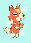 2024 abstract_background animal_crossing anthro aqua_bikini aqua_swimsuit audie_(animal_crossing) bikini blonde_hair blue_background blue_eyes canid canine canis cheek_tuft clothing digital_media_(artwork) facial_tuft female flower fluffy food_print fruit_print fur hair hi_res hibiscus lidded_eyes mammal nintendo paws peachy_bat pineapple_print plant plant_print red_wolf simple_background solo swimwear tuft two-piece_swimsuit wolf