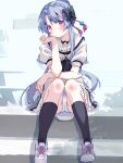  1girl akayama_yukihe animal_print ascot black_ascot black_bow black_socks blue_hair blush bow braid butterfly_print cameltoe closed_mouth commentary_request cross-laced_shoes crown_braid eyes_visible_through_hair full_body hair_between_eyes hair_bow hair_bun hand_on_own_cheek hand_on_own_face hand_up head_tilt highres kneehighs knees_together_feet_apart legs light_frown long_hair looking_at_viewer miniskirt panties puffy_short_sleeves puffy_sleeves red_eyes sailor_collar school_uniform serafuku shadow shirt shoes short_sleeves sidelocks single_hair_bun sitting sitting_on_stairs skirt sneakers socks solo sorakado_ao stairs summer_pockets summer_pockets_school_uniform underwear very_long_hair white_panties white_sailor_collar white_serafuku white_shirt white_shoes white_skirt 