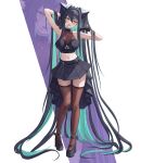  1girl absurdly_long_hair absurdres aqua_hair black_gloves black_hair black_shoes black_skirt breasts brown_thighhighs colored_inner_hair commentary_request earpiece full_body gloves goddess_of_victory:_nikke hair_intakes high_heels highres idol idol_clothes le_b2772 little_mermaid_(nikke) long_hair multicolored_hair navel open_mouth pleated_skirt see-through_clothes shoes simple_background skirt smile solo thighhighs very_long_hair white_background yellow_eyes 