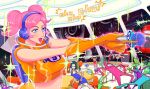  2am_buns 3girls blue_eyes commentary cyber_fashion english_commentary gloves headset highres holding holding_microphone microphone multiple_girls orange_gloves pink_hair retrofuturism space_channel_5 twintails ulala 