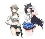  2girls absurdres ahoge animal_ears arm_up belt black_bra black_hair blue_eyes blue_headband blunt_bangs blush bra breasts brown_belt cat_necklace character_name choker cleavage_cutout closed_mouth clothing_cutout commentary cropped_legs cropped_shirt double-parted_bangs fish_hair_ornament fishnet_pantyhose fishnets goddess_of_victory:_nikke grey_choker grey_hair grin hair_ornament hairband hand_on_own_hip head_tilt headband headset highres jewelry konpeki_no_sora_(artist) large_breasts long_hair looking_at_viewer midriff mint_(nikke) mole mole_on_breast mole_under_eye multicolored_skirt multiple_girls multiple_moles navel necklace pantyhose prika_(nikke) ring shirt short_shorts shorts simple_background single_bare_shoulder single_off_shoulder single_thighhigh skirt smile standing star_(symbol) star_necklace thighhighs torn_clothes torn_thighhighs underwear white_background white_hairband white_shirt 