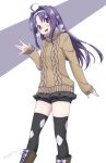  1girl :d \||/ ahoge alternate_costume argyle_clothes argyle_thighhighs asagi501 black_shorts black_skirt black_thighhighs boots brown_boots brown_sweater collared_sweater commentary feet_out_of_frame floating_hair grey_thighhighs hand_up headband high_collar highres knee_boots lace-up_boots long_hair long_sidelocks microskirt multicolored_thighhighs open_mouth parted_bangs pointy_ears purple_background purple_hair red_eyes short_shorts shorts shorts_under_skirt sidelocks simple_background skirt sleeves_past_wrists smile solo standing steam_from_mouth straight_hair sweater sword_art_online thighhighs two-tone_thighhighs white_background white_headband yuuki_(sao) zettai_ryouiki 