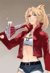  1girl arm_at_side bandeau belt belt_buckle black_belt blonde_hair blue_shorts braid brown_background buckle choroi_amachori clarent_(fate) commentary_request cutoffs fate/grand_order fate_(series) gradient_background green_eyes hair_tie half_up_braid hand_up high_ponytail highres holding holding_sword holding_weapon jacket jewelry linea_alba long_hair long_sleeves looking_at_viewer midriff mordred_(fate) mordred_(memories_at_trifas)_(fate) open_clothes open_jacket over_shoulder parted_bangs parted_lips pendant ponytail popped_collar red_jacket short_shorts shorts simple_background solo sword sword_over_shoulder weapon weapon_over_shoulder white_bandeau 