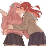  2girls black_skirt blue_eyes blush bocchi_the_rock! brown_shirt commentary_request crepe cube_hair_ornament food gotoh_hitori hair_ornament holding holding_crepe holding_food jacket kita_ikuyo long_hair long_sleeves milktea_(gggrrr2000) multiple_girls one_side_up pink_hair pink_jacket red_hair school_uniform shirt shuka_high_school_uniform simple_background skirt white_background yuri 