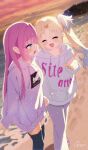 2girls :d ^_^ anyoji_hime anyoji_hime_(winter_loungewear) black_thighhighs blonde_hair blue_eyes blue_hair blue_hoodie closed_eyes commentary_request feet_out_of_frame gradient_hair highres hood hoodie long_hair long_hoodie looking_at_another love_live! love_live!_hasu_no_sora_jogakuin_school_idol_club mira-cra_park! multicolored_hair multiple_girls open_mouth osawa_rurino osawa_rurino_(winter_loungewear) pants pink_hair purple_hoodie reitou_mkn sandals senpai_(hasu_no_sora) sidelocks signature smile thighhighs twintails virtual_youtuber white_pants zettai_ryouiki 