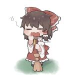  1girl ascot blush bow broom brown_hair chibi chibi_only closed_eyes commentary_request detached_sleeves facing_viewer frilled_bow frilled_hair_tubes frills full_body hair_bow hair_tubes hakurei_reimu highres holding holding_broom long_hair multi-source_commentary open_mouth red_bow red_skirt skirt skirt_set sleepy squeans touhou twitter_username uzuki_(amayadori) yawning yellow_ascot 