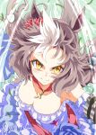  1girl animal_ears bare_shoulders blue_sleeves blush breasts brown_hair choker cleavage closed_mouth commentary_request detached_sleeves dress ear_scrunchie hair_between_eyes horse_ears horse_girl large_breasts long_hair looking_at_viewer low_twintails multicolored_hair pendant_choker red_choker red_scrunchie running scrunchie smile solo strapless strapless_dress twintails umamusume yamanin_zephyr_(fluttertail_spirit)_(umamusume) yamanin_zephyr_(umamusume) zukki_(bijitaru) 