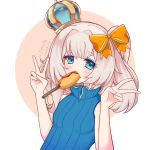  1girl blonde_hair blue_crown blue_dress blue_eyes blush bow breasts corn_dog crown dress fish food_in_mouth goldfish hair_bow highres koshmarrin looking_at_viewer marimari_(vtuber) mini_crown orange_bow phase_connect short_eyebrows side_ponytail sleeveless sleeveless_dress small_breasts v virtual_youtuber 