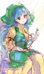  1girl apron black_ribbon blue_hair breasts closed_mouth commentary_request flower green_apron green_headscarf green_skirt haniyasushin_keiki headscarf highres holding holding_flower long_hair puffy_sleeves red_eyes ribbon shirt sitting skirt sleeve_ribbon smile solo touhou uwazumi white_background yellow_shirt 