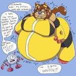 1_eye ambiguous_fates anthro belly big_belly big_breasts big_butt bodily_fluids body_expansion breasts breath brown_hair bursting butt cat_tail clenched_teeth clothing creaking creaking_belly duo exclamation_point falloutsheppy falloutsheppy_(artist) felid feline female groan groaning_belly hair hi_res implied_popping inflation kaboodle_(gameoverse) kit_(gameoverse) machine male male/female mammal panicked_look panicking panting pink_eyes robot shaking simple_background speech_bubble stretching sweat sweatdrop teeth trembling yellow_clothes yellow_clothing