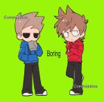  2boys alcohol animification antenna_hair black_pants black_shoes blue_hoodie bored brat_(charli_xcx) brown_hair chibi chibi_only commission crossed_arms drawstring drinking eddsworld english_text expressionless flask flipped_hair full_body green_background hair_behind_ear hair_ears hand_in_pocket highres hip_flask holding holding_flask hollow_eyes hood hood_down hoodie jitome long_sleeves looking_to_the_side male_focus multiple_boys pants parody red_hoodie shoes short_hair simple_background slit_pupils spiked_hair standing standing_on_one_leg tom_(eddsworld) tord_(eddsworld) watermark yunian77 