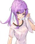  1girl absurdres blue_eyes blue_hair blush braid breasts collarbone colored_inner_hair highres holding holding_towel looking_to_the_side medium_breasts multicolored_hair nijisanji nijisanji_kr nun_bora open_mouth ponytail purple_hair purple_shirt shirt smile solo sweat tmtl_aos towel upper_body virtual_youtuber white_background 