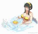  2girls air_bubble anya_(spy_x_family) bikini black_hair breasts bubble gold_bikini gold_hairband hairband holding_hands jk_arts large_breasts multiple_girls open_mouth pool red_eyes sidelocks splashing spy_x_family swim_cap swimsuit water wet yor_briar 