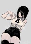  1girl amaya_5321 bare_shoulders black_choker black_hair black_ribbon black_shorts black_thighhighs blush breasts chainsaw_man choker collared_shirt green_eyes hair_between_eyes highres looking_at_viewer medium_breasts neck_ribbon reze_(chainsaw_man) ribbon shirt short_shorts shorts side_slit side_slit_shorts simple_background sleeveless sleeveless_shirt smile solo thick_thighs thighhighs thighs variant_set white_background white_shirt 