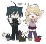  1boy 1girl :< :3 ahoge akamatsu_kaede animal_ears animalization black_hair black_jacket blush brown_eyes buttons cat cat_boy cat_ears cat_girl cat_tail checkered_clothes checkered_scarf chibi chibi_only closed_eyes collared_jacket commentary_request danganronpa_(series) danganronpa_v3:_killing_harmony deformed double_v hair_between_eyes hair_ornament hand_on_own_hip harukawa_maki jacket k1-b0 kneehighs long_hair long_sleeves looking_at_viewer momota_kaito musical_note musical_note_hair_ornament oma_kokichi open_mouth pants partial_commentary pink_sweater_vest pink_vest pleated_skirt saihara_shuichi scarf school_uniform shirogane_tsumugi short_hair simple_background skirt smile socks standing sweatdrop sweater_vest tail two-tone_scarf v v_over_head vest wahaha_0714 white_background yumeno_himiko zzz 