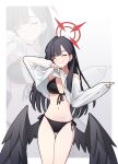  1girl ^_^ absurdres bikini black_bikini black_hair black_wings blue_archive border breasts closed_eyes closed_mouth clothes_lift commentary crop_top cropped_sweater feathered_wings feet_out_of_frame front-tie_bikini_top front-tie_top gradient_background grey_background halo highres ichika_(blue_archive) large_breasts lifting_own_clothes long_hair low_wings off-shoulder_sweater off_shoulder outside_border red_halo see-through_sweater side-tie_bikini_bottom smile solo standing straight_hair sweater sweater_lift swimsuit thfktlfh456 thigh_gap white_border white_sweater wings zoom_layer 