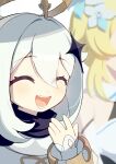  2girls :d ^_^ blonde_hair blurry chinese_commentary closed_eyes commentary depth_of_field detached_sleeves dot_nose flower genshin_impact gold_trim hair_between_eyes hair_flower hair_ornament halo hand_to_own_mouth highres light_blush long_sidelocks lumine_(genshin_impact) medium_hair multiple_girls out_of_frame paimon_(genshin_impact) raised_eyebrows shao_(shaorouhong) short_hair short_hair_with_long_locks sidelocks simple_background smile solo_focus star_(symbol) star_hair_ornament teeth upper_body white_background white_hair 