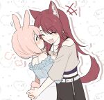  2girls :d :t animal_background animal_ear_fluff animal_ears arms_around_another's_waist bang_dream! bang_dream!_girls_band_party! bare_shoulders belt belt_buckle black_pants blue_shirt blunt_bangs blush brown_shirt buckle chain chain_necklace chi-squared commentary_request cowboy_shot cropped_shirt dog face-to-face fang frilled_shirt frills grey_eyes hair_over_one_eye hair_tie hand_on_another's_chest high-waist_skirt jewelry kemonomimi_mode long_hair looking_at_another low_twintails midriff_peek motion_lines multiple_girls necklace nose_blush off-shoulder_shirt off_shoulder own_hands_together pants parted_bangs pink_hair pout puff_of_air purple_shirt rabbit_ears rabbit_girl rabbit_tail red_hair shirt shirt_under_shirt shout_lines skirt smile strap tail three-quarter_sleeves twintails udagawa_tomoe uehara_himari v-shaped_eyebrows white_background white_belt white_skirt wolf_ears wolf_girl wolf_tail yuri zipper zipper_pull_tab 